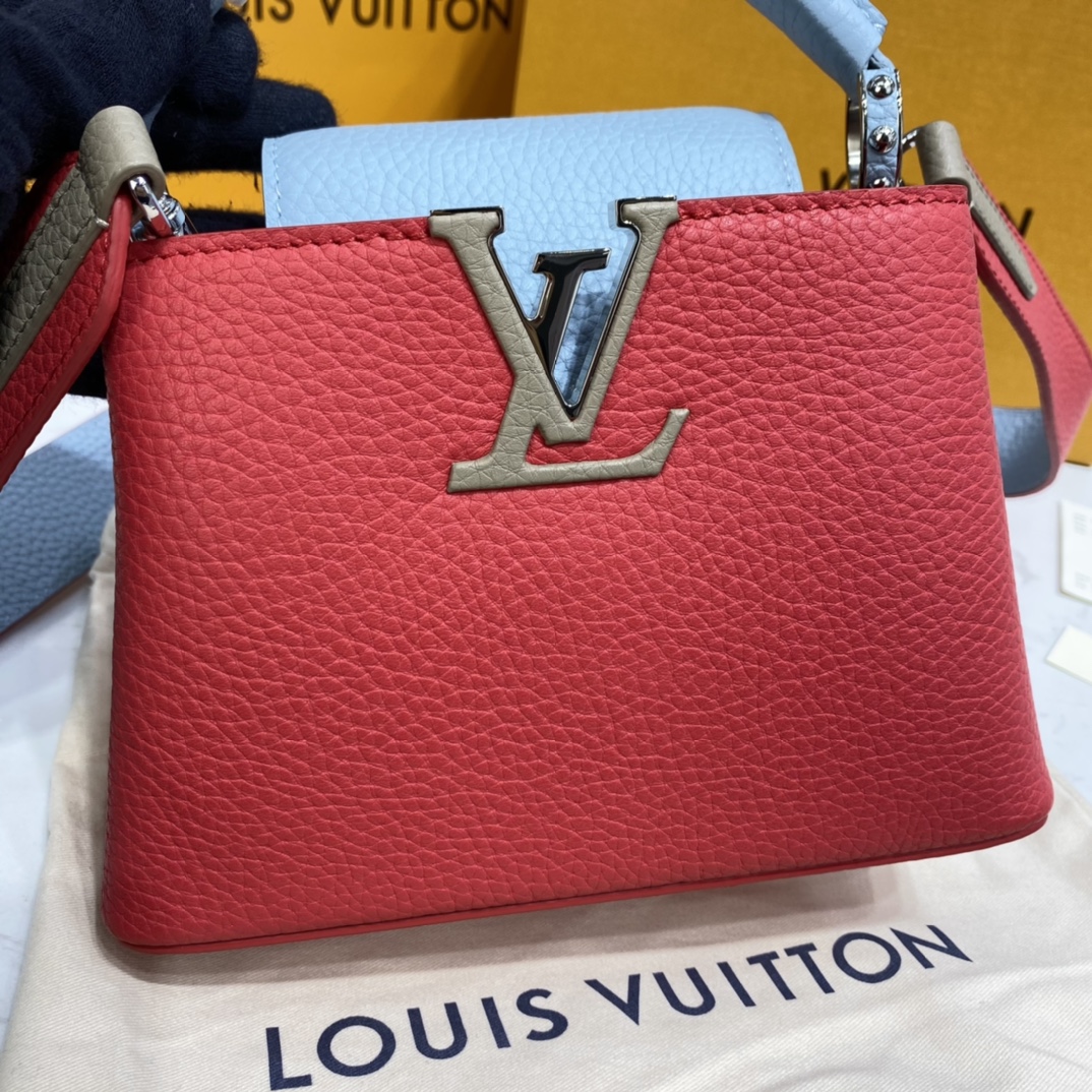 Louis Vuitton CAPUCINES MINI Taurillon Leather Bag M57520 Coral/Olympus Blue